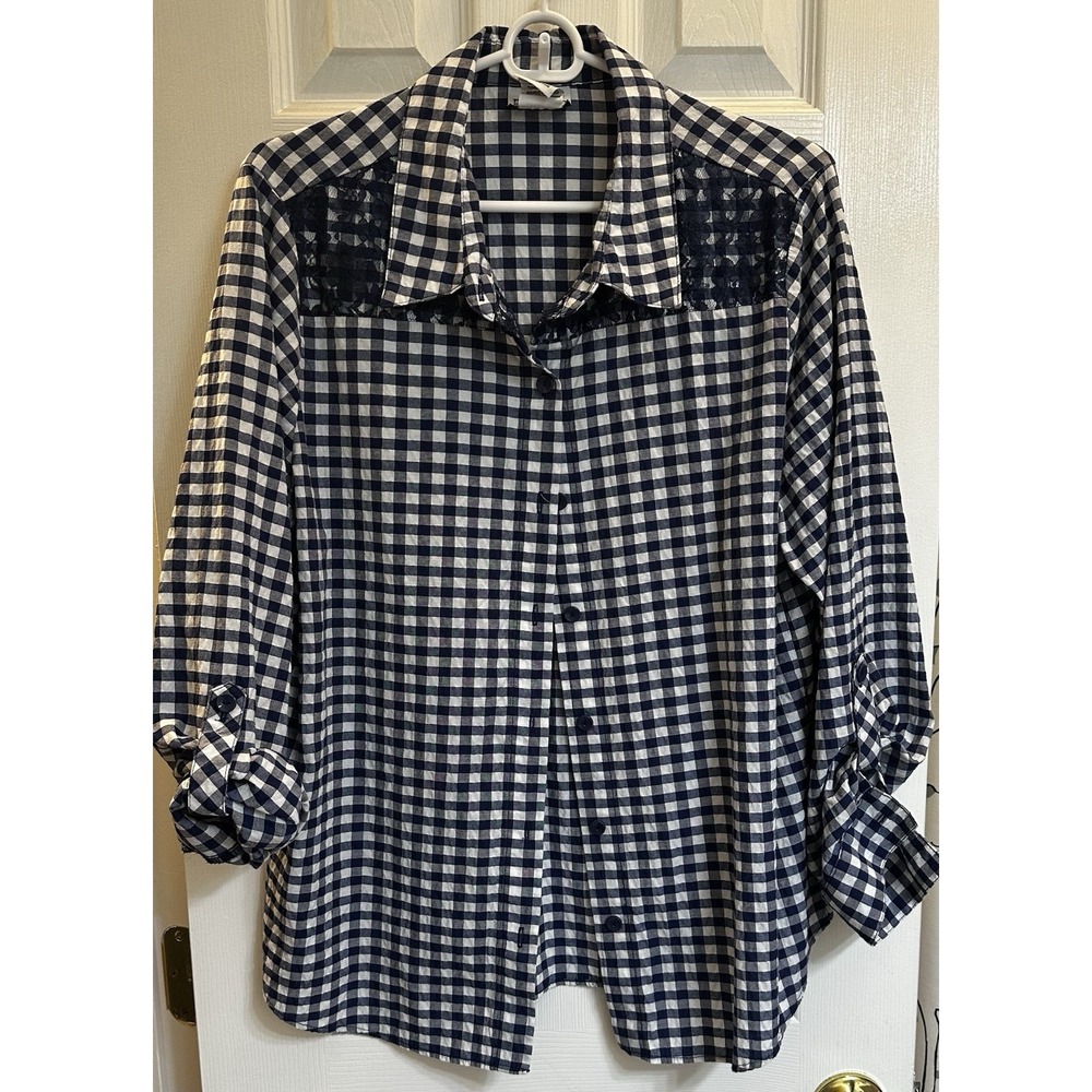 BonWorth Women's Button Up Navy And White Plaid Top With Navy Lace Medium